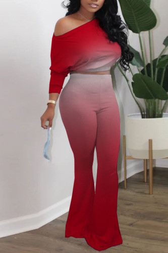 Red Casual Gradual Change Print Patchwork Oblique Collar Long Sleeve Two Pieces