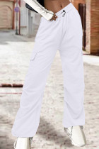 Белый Уличный Однотонный пэчворк с карманами на шнурке Прямые однотонные брюки с заниженной талией