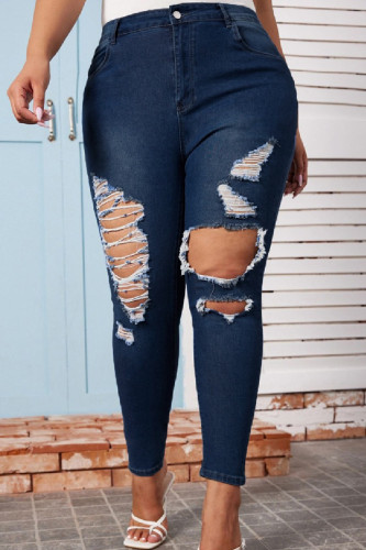 Jeans Azul Profundo Casual Sólido Rasgado Plus Size