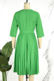 グリーン エレガントな固体包帯パッチワーク ジッパー プリーツ V ネック プリーツ ドレス