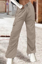 Хаки Уличный Однотонный Пэчворк С карманами на завязках Прямые однотонные брюки с заниженной талией