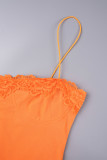 Robe longue orange sexy, dos nu, bretelles spaghetti, couleur unie