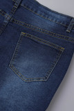Jupe en jean taille haute décontractée unie déchirée de grande taille bleu profond