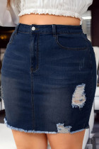 Azul profundo casual sólido rasgado plus size saia jeans de cintura alta