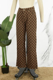 Donkerbruine casual broek met geruite print en split, normale middentaille, conventionele broek met volledige print