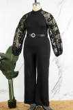 Mono informal de patchwork liso transparente con cinturón medio cuello alto talla grande negro