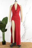 Rode sexy effen backless split halter lange jurk jurken