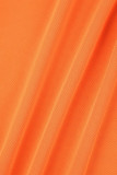 Robe longue orange sexy, dos nu, bretelles spaghetti, couleur unie