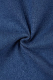 Saia jeans de cintura alta casual azul profundo patchwork plus size