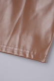Robe marron sexy, couleur unie, ajourée, dos nu, col oblique, sans manches
