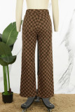 Donkerbruine casual broek met geruite print en split, normale middentaille, conventionele broek met volledige print