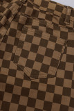 ダークブラウンカジュアルチェック柄プリントスリットレギュラーミッドウエスト従来型フルプリントパンツ