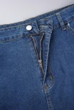 Jupe en jean taille haute décontractée uni patchwork grande taille bleu profond