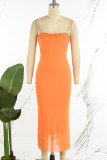 オレンジのセクシーなソリッドバックレススパゲッティストラップロングドレスドレス