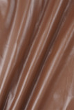 Robe marron sexy, couleur unie, ajourée, dos nu, col oblique, sans manches