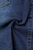 Темно-синяя повседневная однотонная рваная джинсовая юбка больших размеров с высокой талией
