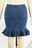Deep Blue Casual Solid Patchwork Plus Size High Waist Denim Skirt