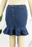 Deep Blue Casual Solid Patchwork Plus Size High Waist Denim Skirt