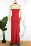 Красные сексуальные однотонные длинные платья с разрезом на шее и открытой спиной