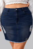 Deep Blue Casual Solid Ripped Plus Size High Waist jeanskjol