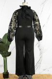 White Casual Solid Patchwork See-through With Belt Half A Turtleneck Plus Size Jumpsuits
