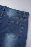 Темно-синие повседневные однотонные джинсы больших размеров в стиле пэчворк