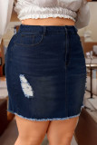Deep Blue Casual Solid Ripped Plus Size High Waist Denim Skirt