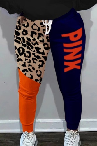 Оранжево-синие повседневные брюки с принтом в стиле пэчворк, обычные брюки с завышенной талией и обычным сплошным принтом