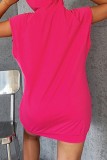 ローズレッド カジュアル プリント ベーシック フード付きカラー ノースリーブ ドレス ドレス
