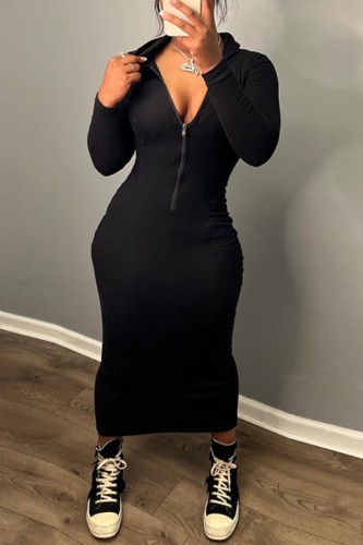 Black Casual Solid Patchwork Zipper Hooded Collar Long Sleeve Dresses