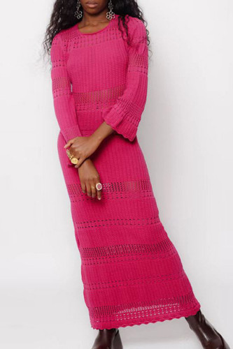 Rose Red Street Solid Hollowed Out Patchwork Backless O Neck Long Dress Dresses