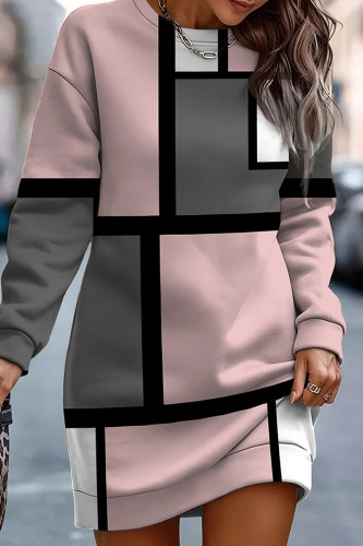 Pink Gray Casual Print Basic O Neck Long Sleeve Dresses