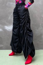 Black Casual Solid Fold Regular High Waist Conventional Solid Color Trousers