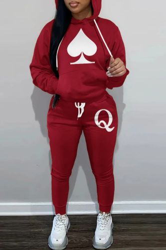 Red White Casual Graphics Print Hooded Collar Long Sleeve Sweatshirt And Draw String Pocket Skinny Pants Two Pieces Jogger Sets