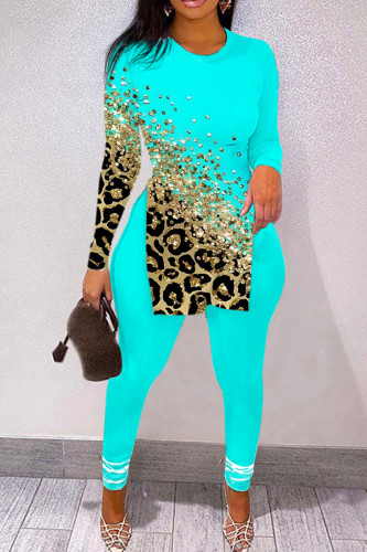 Cyan Casual Print Slit O Neck Long Sleeve Two Pieces