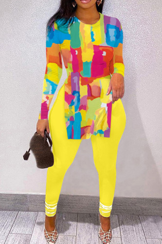 Yellow Casual Print Slit O Neck Long Sleeve Two Pieces