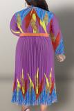 Robe imprimée décontractée violette avec boucle en patchwork et ceinture plissée à col en V, robes de grande taille