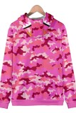 Casacos de gola com capuz rosa casual estampado patchwork zíper