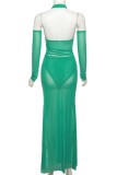 Green Sexy Solid See-through Backless Halter Long Sleeve Four Piece Set