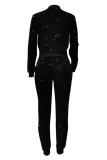 Black Street Solid Sequins Patchwork Draw String Zipper O Neck Long Sleeve Two Pieces