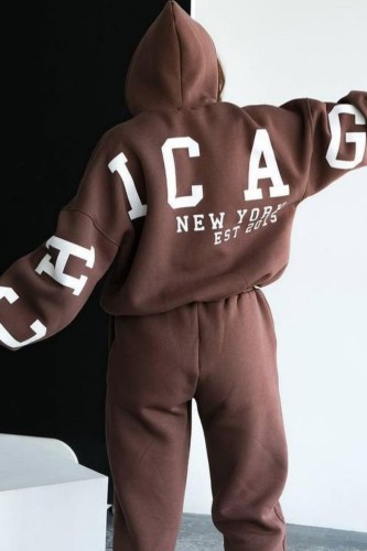 Coffee Casual Letter Print Patchwork Hooded Collar Long Sleeve Two Pieces