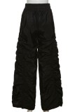 Black Casual Solid Fold Regular High Waist Conventional Solid Color Trousers