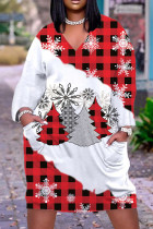 Бело-красные повседневные базовые платья с длинным рукавом с принтом и V-образным вырезом