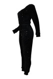 Black Street Solid Sequins Patchwork Draw String Zipper O Neck Long Sleeve Two Pieces