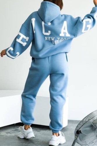 Sky Blue Casual Letter Print Patchwork Hooded Collar Long Sleeve Two Pieces
