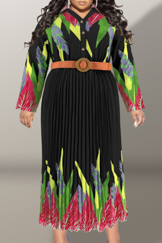 Black Casual Print Patchwork Buckle With Belt Pleated V Neck Printed Dress Plus Size Dresses