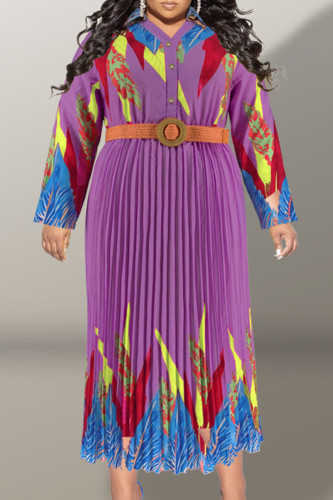 Purple Casual Print Patchwork Buckle With Belt Pleated V Neck Printed Dress Plus Size Dresses
