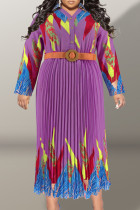 Robe imprimée décontractée violette avec boucle en patchwork et ceinture plissée à col en V, robes de grande taille