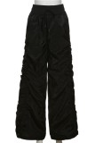 Pantalon décontracté noir à plis solides, taille haute, conventionnel, couleur unie