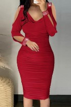 Красные сексуальные повседневные однотонные выдолбленные лоскутные платья с V-образным вырезом и длинными рукавами